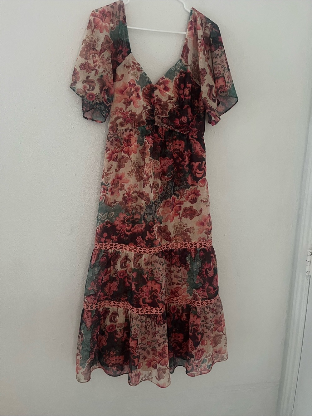 Adelyn Rae Floral V-Neck Tiered Midi Dress in Burgundy and Teal